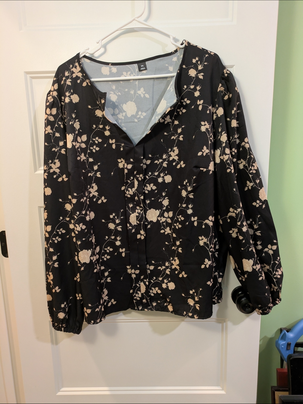 Women's Black Floral V-Neck Blouse with Cream Print